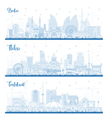 Fototapete - Outline Tbilisi Georgia, Tashkent Uzbekistan and Baku Azerbaijan City Skyline Set.