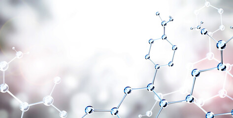 Wall Mural - horizontal banner with model of abstract molecular structure. background of gray color with glass at
