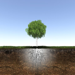 tree with strong and deep roots, 3d render