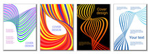 A Set Of 4 Abstract Covers. Wavy Parallel Gradient Lines, Ribbons Evolve. Cover Design, Background. Trendy Banner, Poster.