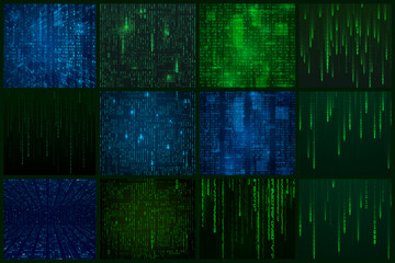 Set of data stream in matrix style. Abstract binary information. Encoded digital data cyber security concept. Sci fi futuristic background