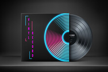 Mock Up Of Vinyl Record Cover In Retro Neon Colors. Old Music Album Template. Vintage Vinyl Disk