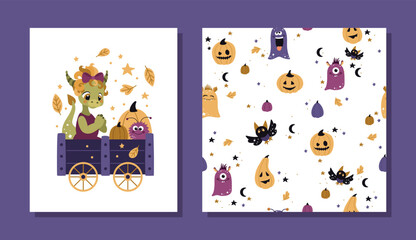  Set greeting cards and patterns for Halloween with handwritten text and traditional symbols.