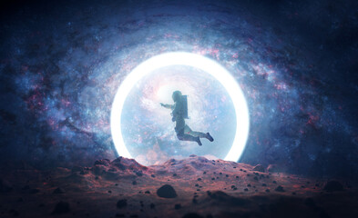Wall Mural - astronaut on alien planet entering spacetime portal light