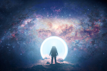 Wall Mural - astronaut on alien planet entering spacetime portal light