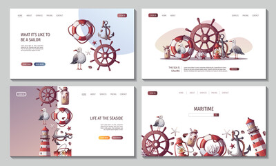 Set of web pages with steering wheel, anchor, lifebuoy, sand bottle, seagulls, seashells, lighthouse. Maritime, sea coast, marine life, nautical concept. Vector illustration. Website, banner template.