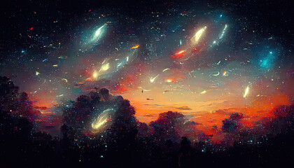 Wall Mural - Abstract cosmos background art with galaxies, universe, stars, planets and dark clouds in the night, fantasy fairy tail wallpaper drawing painted illustration with cosmic swirls