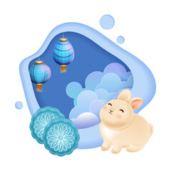  Mid Autumn festival template with rabbit, blue mooncakes with pattern and chinese lantern. Vector illustration. Design element for traditional asian holiday with bunny and paper cut chinese clouds