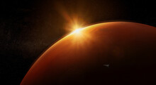 Spaceship Orbiting Mars At Dawn. Mission To Mars