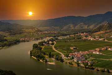 Wachau valley with Danube river and vineyards. Lower Austria.