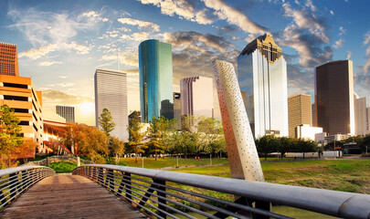 Wall Mural - Downtown Houston skyline in Texas USA at sunset