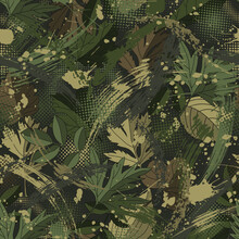 Seamless green camouflage pattern with paint brush strokes, leaves, halftone shapes, spatters Dense chaotic composition Good for apparel, fabric, textile, sport goods Grunge texture for surface design