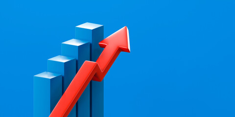 Wall Mural - blue 3d growth business graph on success financial background with red arrow market profit symbol or