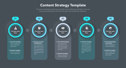 Poster - Content strategy template with five stages and place for your content - dark version. Simple flat template for data visualization.