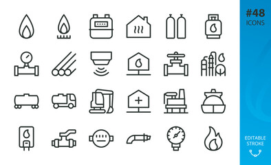 Natural gas isolated icons set. Set of gas production plant, flame, LPG cylinder, home gasification, pipeline, gas alarm detector, valve, heater, house heating, wagon, carrier, counter vector icon.