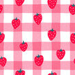 Strawberry on pink gingham checked background, pattern illustration