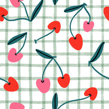 Cherry Berries On Green Gingham, Pattern Illustration