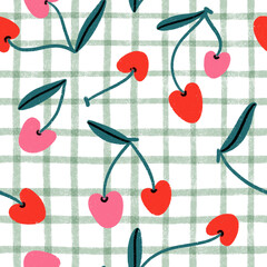 Wall Mural - Cherry berries on green gingham, pattern illustration