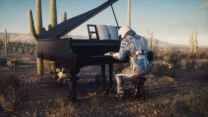 Wall Mural - an astronaut in the middle of a desolate desert plays jazz on the piano at sunset. concept of the as