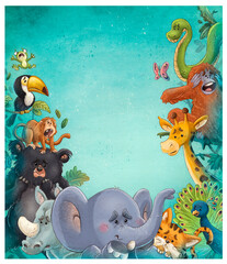 Wall Mural - Illustration of funny and scared wild animals.