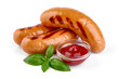 Roasted bavarian sausages with bbq sauce, isolated on white background.
