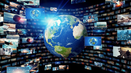 Poster - Visual contents concept. Broadcasting. Streaming video. communication network.
