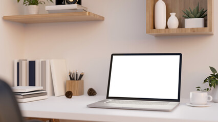 Canvas Print - white office desk or woking table with notebook laptop mockup, wooden shelves on white wall