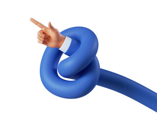 3d render, funny cartoon character spiral hand points forward, pointing finger, shows direction. Business clip art isolated on transparent background