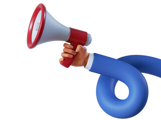 3d illustration. Cartoon character flexible hand holds megaphone. Online social media clip art isolated on transparent background. Promotion concept