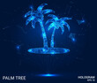 A hologram of a palm tree. Palm trees made of polygons, triangles of points and lines. Palm trees icon is a low-poly compound structure. Technology concept vector.