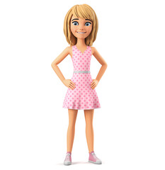 Wall Mural - Girl cartoon character in pink dress isolated on white background. 3d rendering illustration.