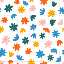Colorful Flowers On White Checked Background, Pattern Illustration