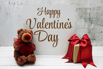 Poster - Happy Valentines Day text message with teddy bear and gift boxes present