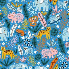 Wall Mural - Joyful jungle, blue color palette, exotic animals, pattern illustration