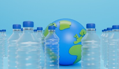 Wall Mural - Earth globe with empty plastic bottles. Global plastic pollution concept. 3D Rendering
