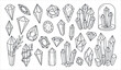 Set of beautiful crystals and gemstones. Linear art.