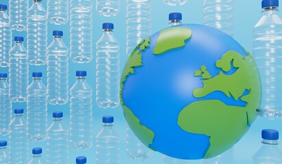 Wall Mural - Earth globe with empty plastic bottles. Global plastic pollution concept. 3D Rendering