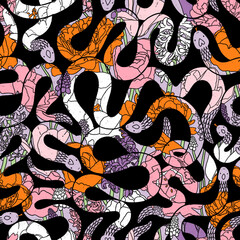 Wall Mural - Garden snakes with floral motives, pattern illustration