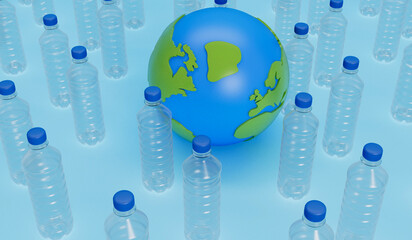 Wall Mural - Earth globe with empty plastic bottles. Global plastic pollution concept. 3D Rendering