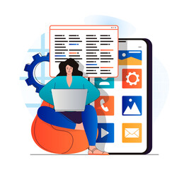 App development concept in modern flat design. Woman developer works on laptop, coding code, creates software for mobile phone, customizes and optimizes programs, ui layout design. Web illustration
