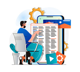 App development concept in modern flat design. Man developer coding code, ui layout design, creates software for mobile phone. Programmer customizes, testing, optimizes programs. Web illustration
