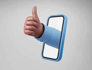 Cartoon black african american hand blue shirt show thumb up through phone screen over gray background.