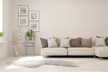 White living room with sofa. Scandinavian interior design. 3D illustration