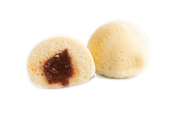 Wall Mural - Japanese rice sweet buns mochi filled with jam isolated on white. side view.