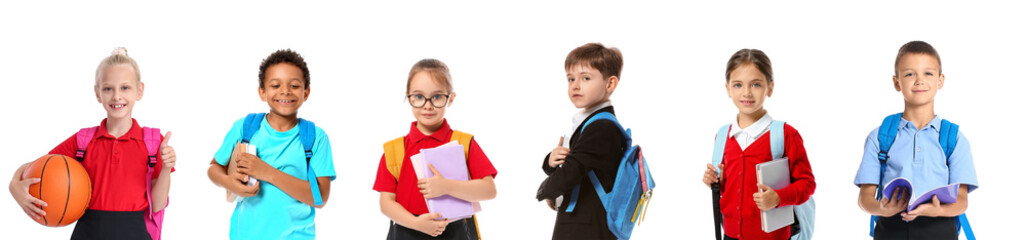 Wall Mural - Collage of little school children on white background