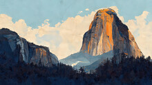 Yosemite National Park, El Capitan, Drawing, Illustration, Digital Painting, Landscape Colorful,  Landmark, Usa, Nature, Outdoors, Forest, Mountain.