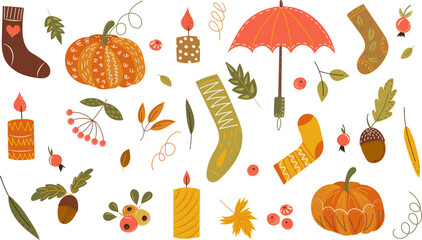 Wall Mural - doodle autumn items in flat style isolated, vector