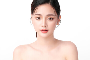 Beautiful young asian woman with clean fresh skin on white background, Face care, Facial treatment, Cosmetology, beauty and spa, Asian women portrait.