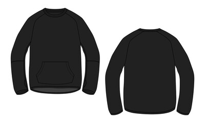 Long sleeve sweatshirt technical fashion flat sketch vector illustration Black Color template front and back views. Cotton fleece jersey Winter clothing design mock up cad