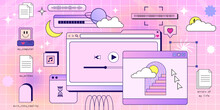 Retro Browser Computer Window In 90s Vaporwave Style With Smile Face Hipster Stickers. Retrowave Pc Desktop With Message Boxes And Popup User Interface Elements, Vector Illustration Of UI And UX
